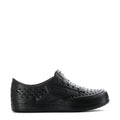 Black kids sneaker with perforated panels, lace eyelets, and side logo