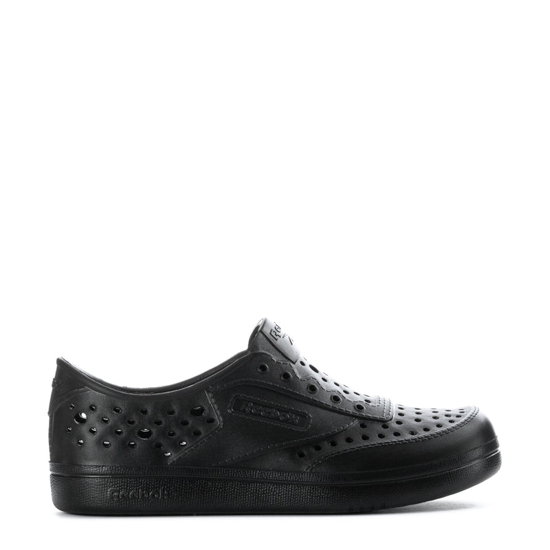 Black kids sneaker with perforated panels, lace eyelets, and side logo