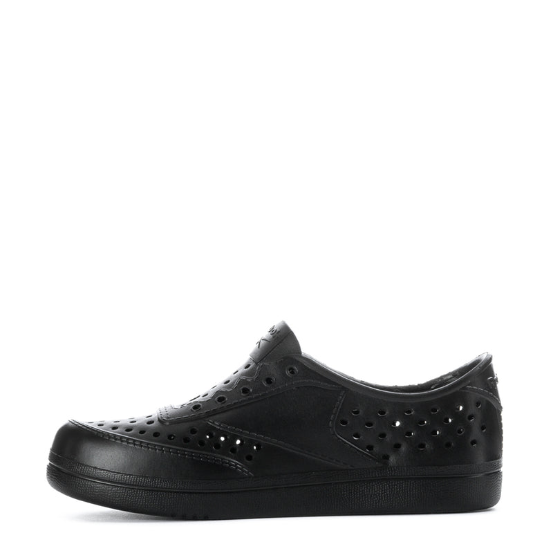 Black kids sneaker side view with perforated toe and stitched overlays