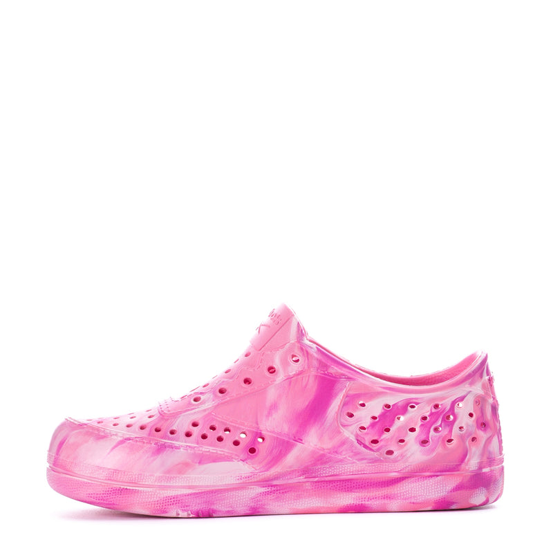 Kids' pink perforated sneaker, side view with elastic collar