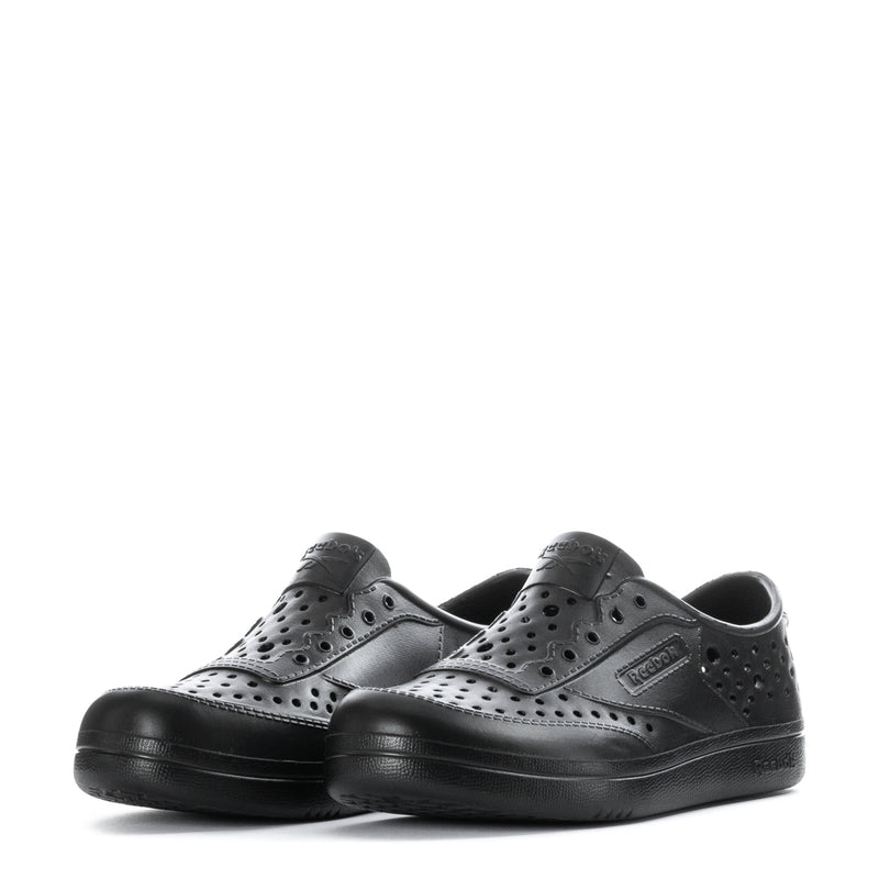 Black kids sneaker pair front view with lace-up design and side badge