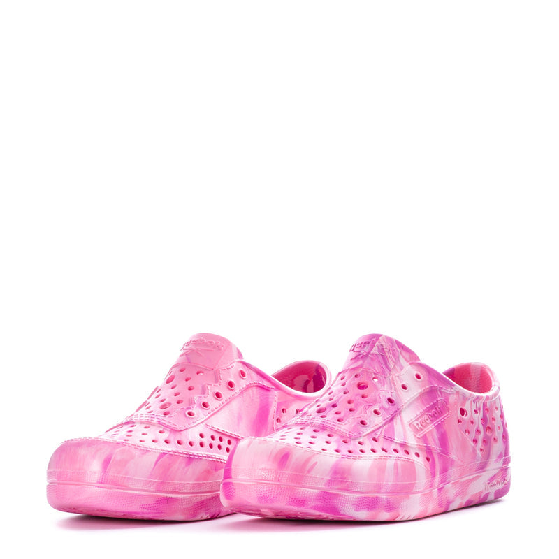 Kids' pink perforated sneaker, back view with looped heel opening