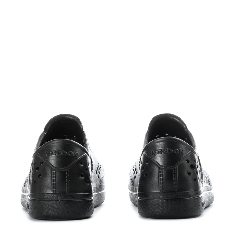 Black kids sneaker heel view with Reebok logo and perforated toe