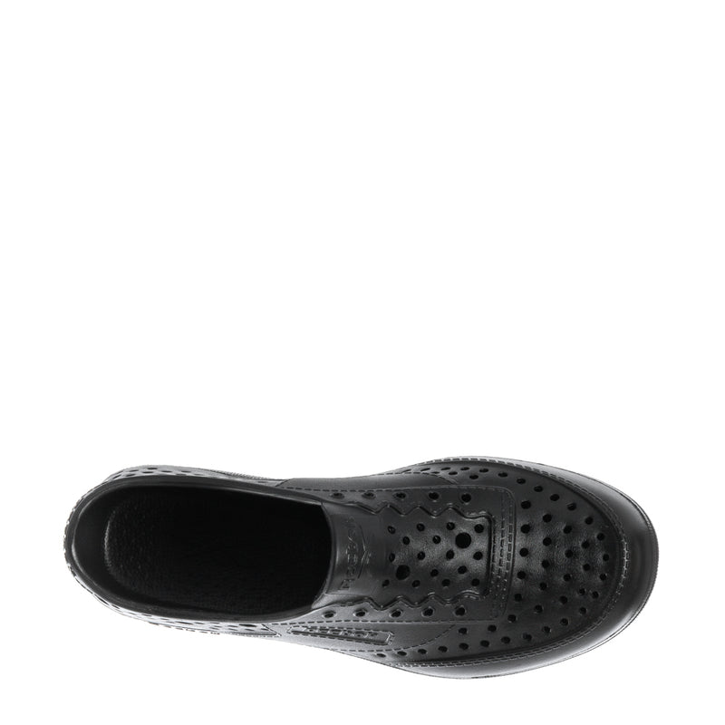 Black kids sneaker top view with perforated upper and stitched panels