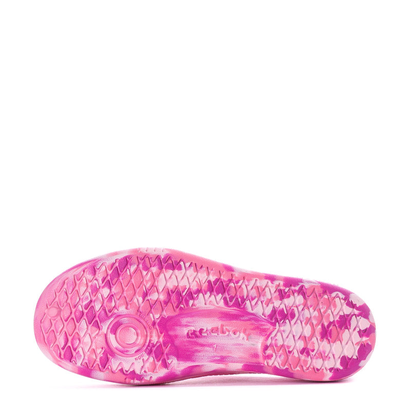 Kids' pink sneaker outsole with textured grip pattern and logo print
