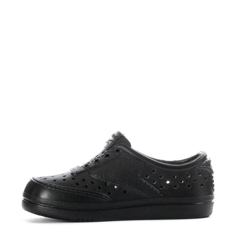 Black toddler lace-up sneakers, side view with perforation details and low profile sole