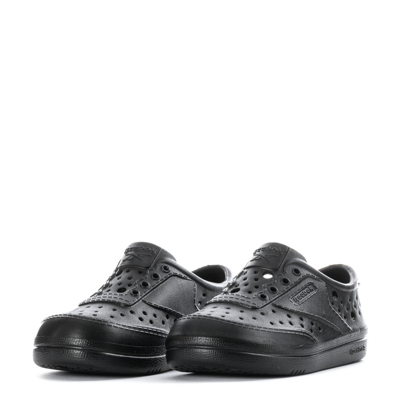 Pair of black toddler lace-up sneakers with perforated uppers and rounded toe