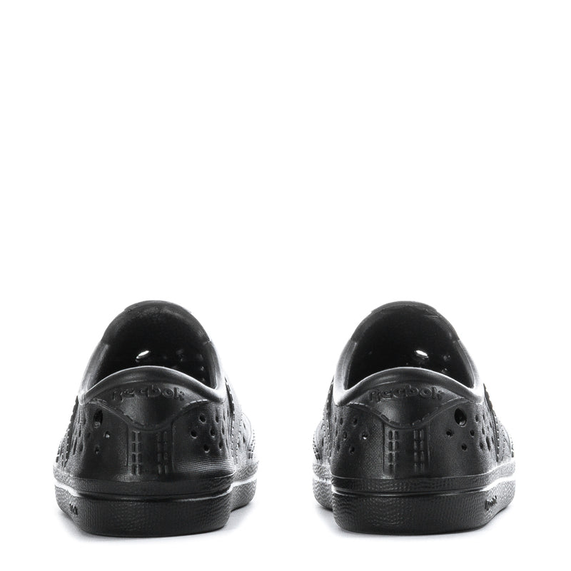 Black toddler sneakers heel view with cushioned back and textured sole