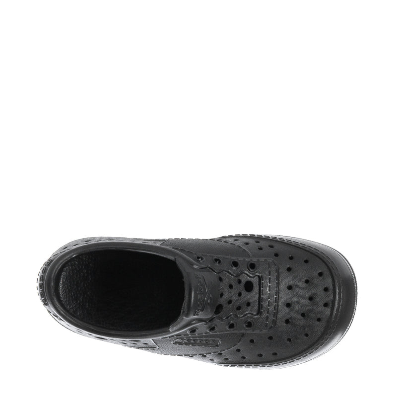 Black toddler sneaker upper with perforation details and open collar