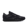 Men's black Reebok low-top lace-up sneakers, side profile with textured overlays