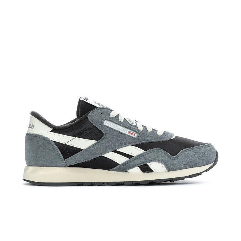 Men's nylon sneaker, black and dark gray with white stripes and lace-up.