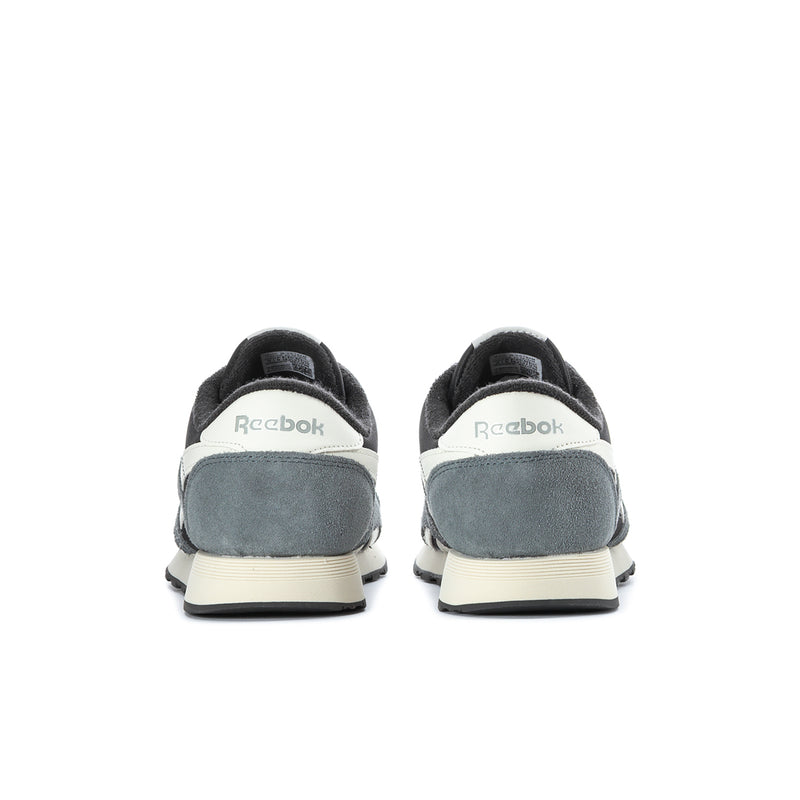 Men's nylon sneaker heel, black with gray back panel and white sole trim.
