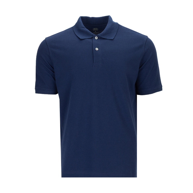 Men's pique polo shirt, deep navy blue, short sleeves, two-button placket, collar
