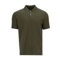 Men's olive pique polo shirt, short sleeves, button placket, front view