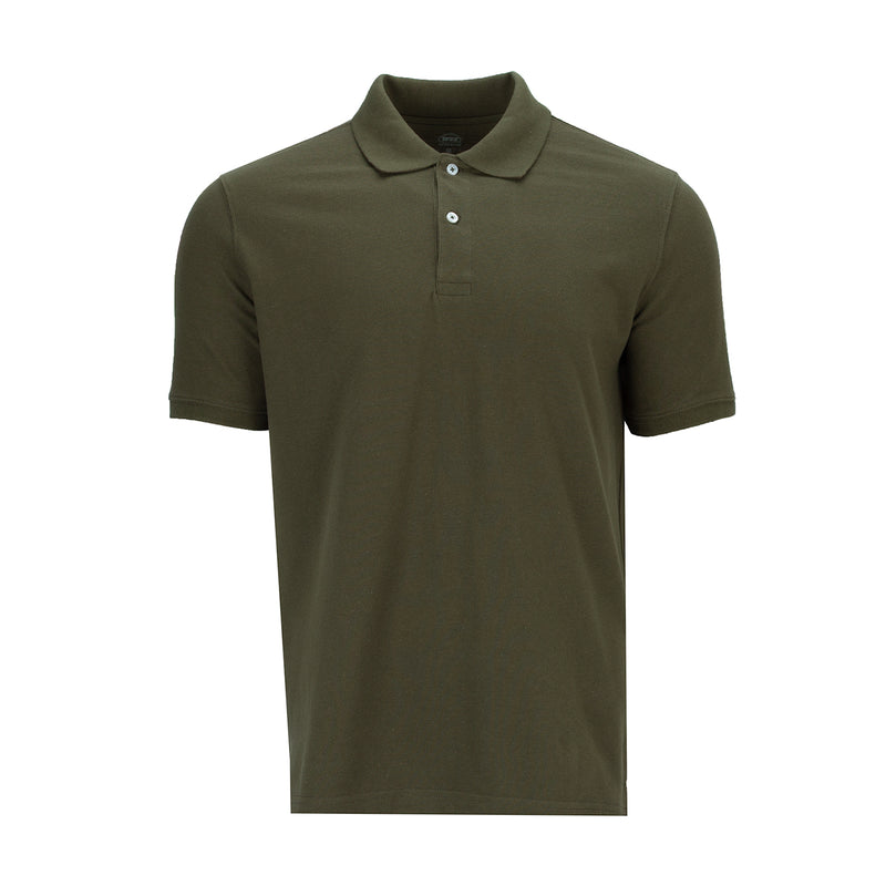 Men's olive pique polo shirt, short sleeves, button placket, front view