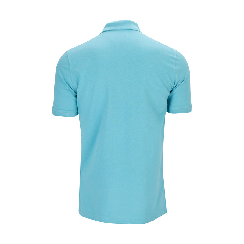 Men's milky blue pique polo shirt, back view with short sleeves