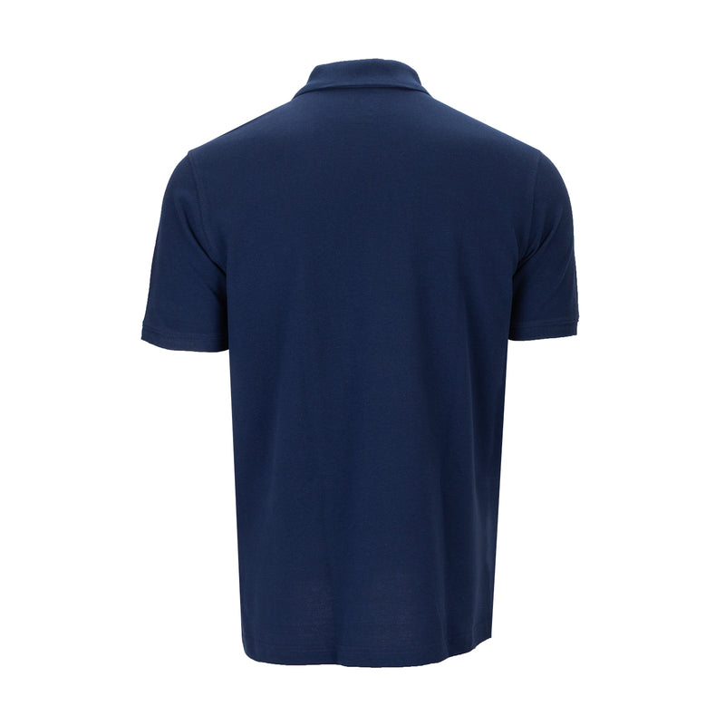 Men's pique polo shirt in deep navy blue, short sleeves, back view