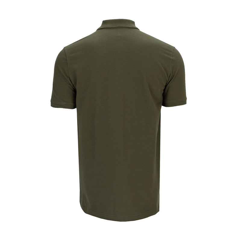 Men's olive pique polo shirt, short sleeves, back view