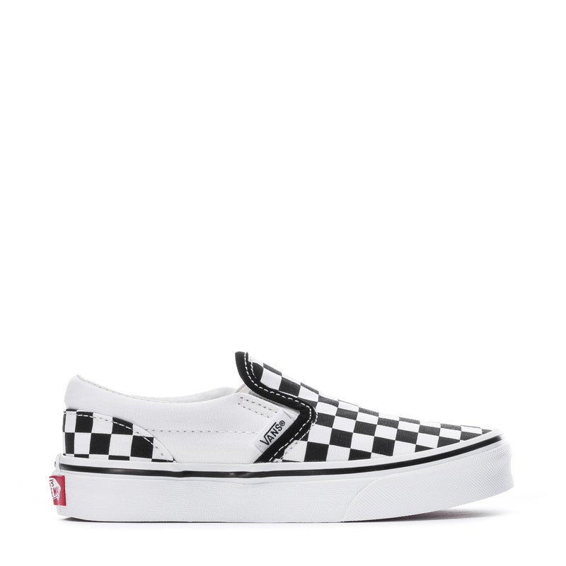 Kids slip-on sneakers, white with black checkerboard, Vans side logo
