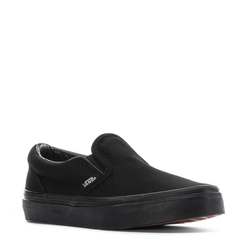Black kids slip-on sneaker, Vans logo on strap and textured rubber outsole