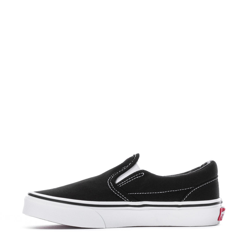 Kids black slip-on sneaker with Vans heel patch and white rubber sole