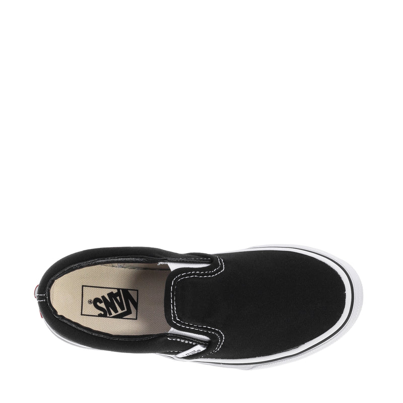Kids black slip-on sneaker with Vans logo on tan lining, white sole trim