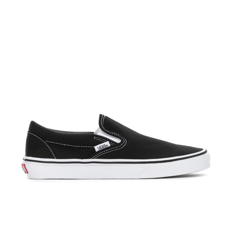 Vans men's classic slip-on sneakers, black canvas with white sole.