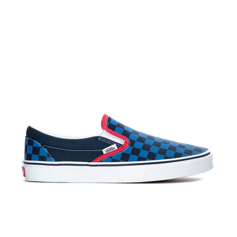 Men's Vans checkerboard slip-on sneakers, blue with red trim and white rubber sole.