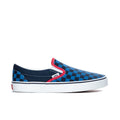 Men's Vans checkerboard slip-on sneakers, blue with red trim and white rubber sole.