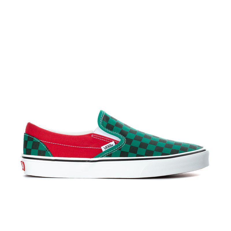 Men's Vans slip-on sneakers, green and red checkerboard canvas with red collar