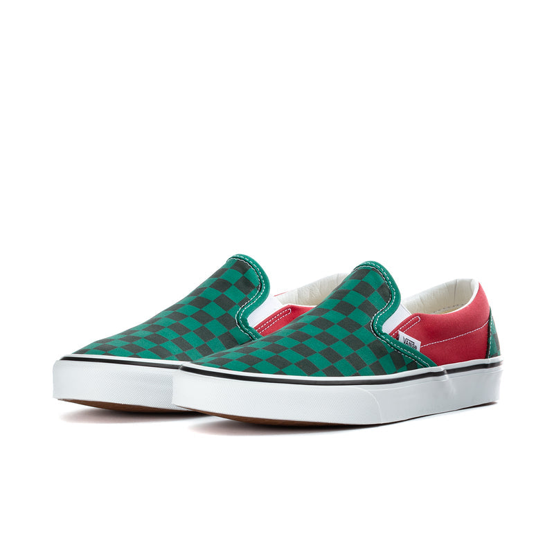 Men's Vans slip-on sneakers, side view; green and red checkered upper
