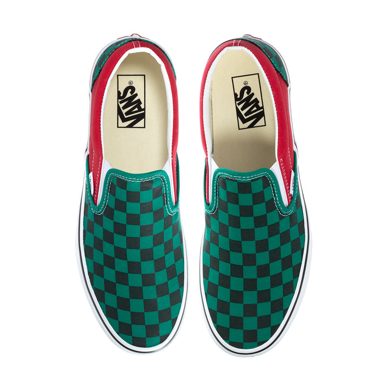 Pair of Vans slip-on sneakers; green and red checkerboard uppers with cream lining