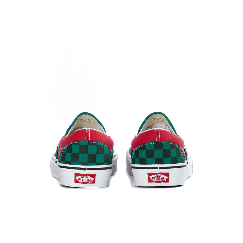 Vans slip-on sneakers, heel view; green and red checkerboard with white back tabs