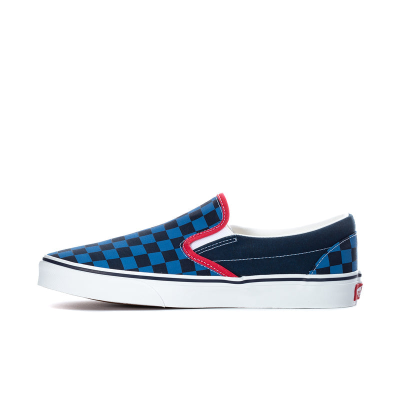 Men's slip-on sneakers, blue checkerboard side stripe, red collar edge, white sole.