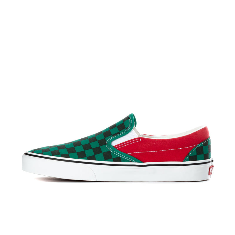 Men's Vans slip-on sneakers, green and red checkered upper with red trim