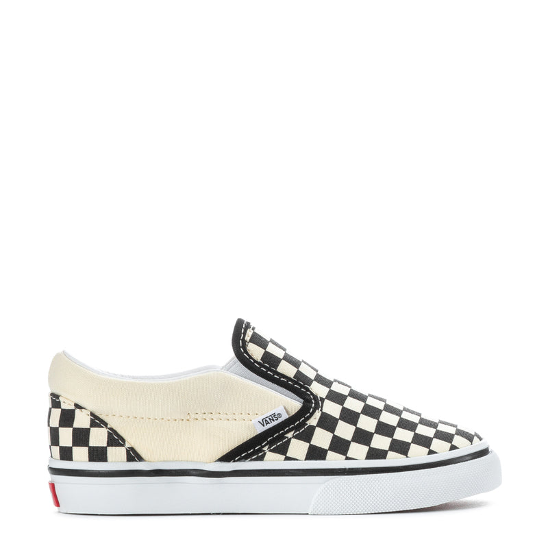 Toddler slip-on sneakers side view, black and white checkerboard