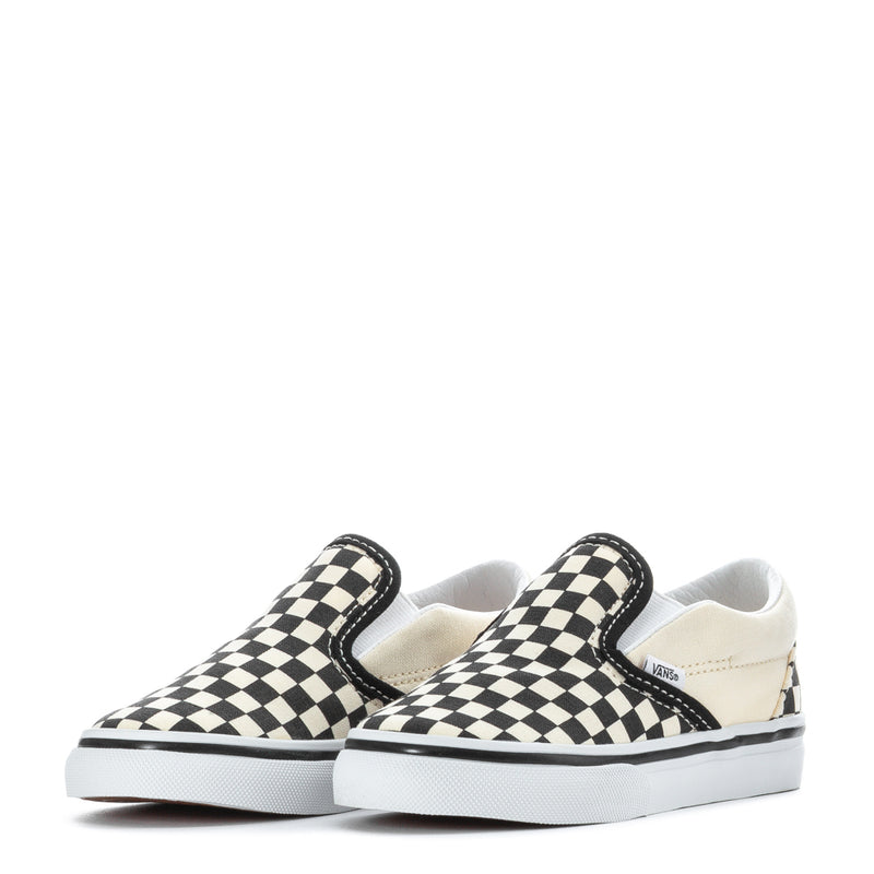 Toddler slip-on sneakers pair, checkerboard pattern with white sole