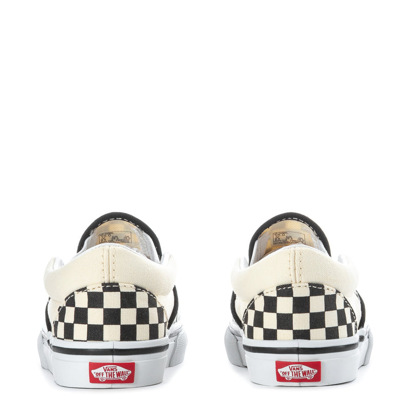 Toddler slip-on sneakers, black and white checkerboard back view