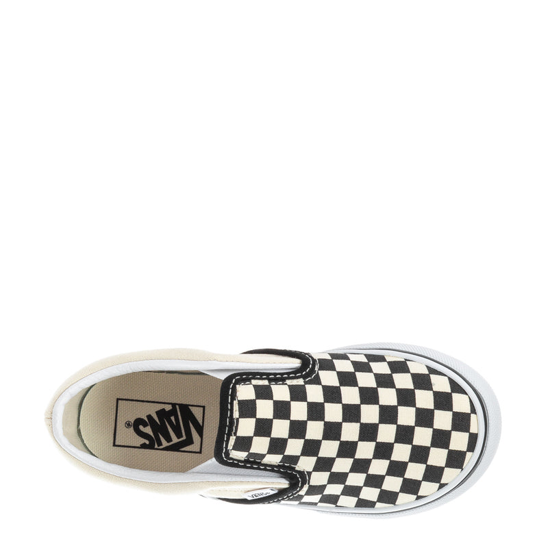 Toddler slip-on sneakers inner side view, Vans logo and checkerboard