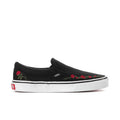 Black VANS slip-on sneakers with red rose embroidery and white rubber sole
