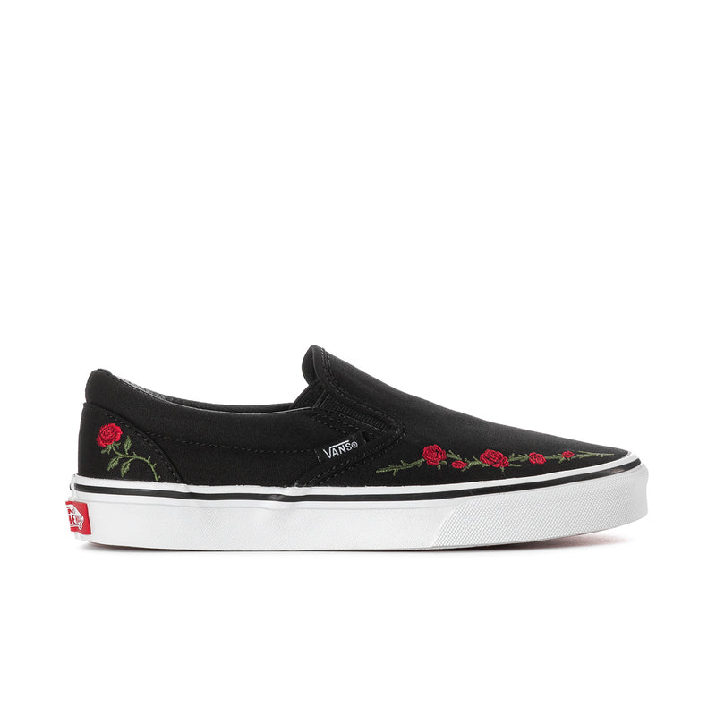 Black VANS slip-on sneakers with red rose embroidery and white rubber sole