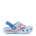 Light purple toddler clog shoes with rainbow strap and star patch, blue accents
