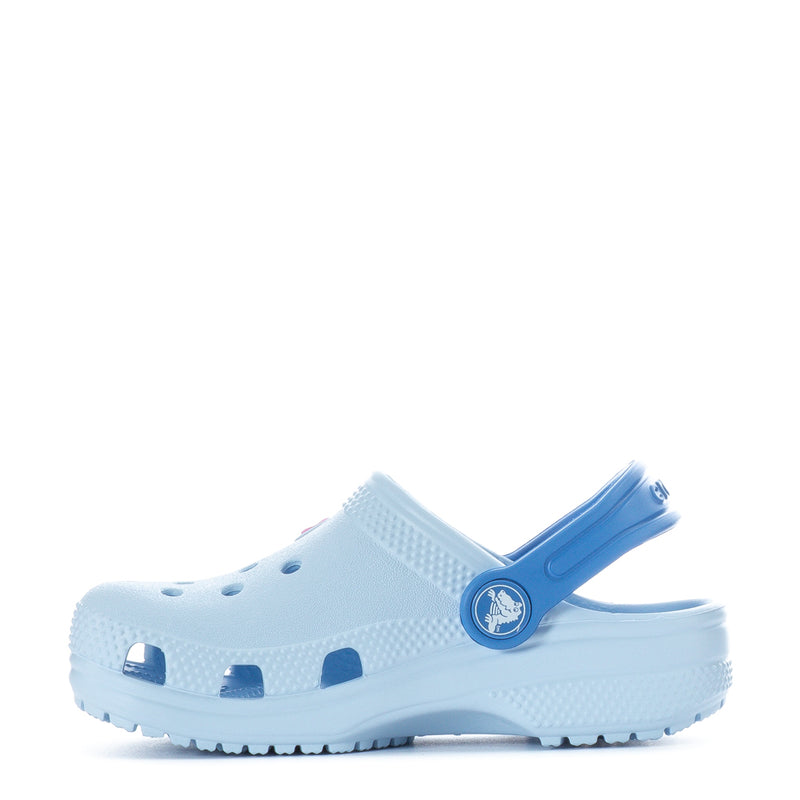 Light purple toddler clog with blue heel strap and perforated holes, side view