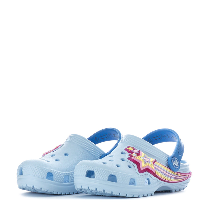 Pair of light purple toddler clogs with rainbow star detail and blue heel strap