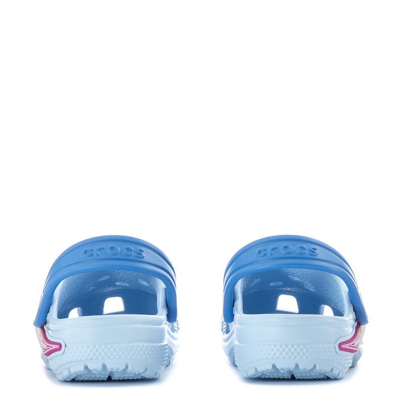 Back view of light purple toddler clogs with blue heel and rainbow trim