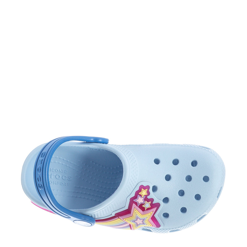 Light purple toddler clog with blue strap and rainbow star logo, top view