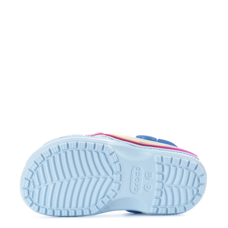 Bottom view of light purple toddler clog shoes with textured blue outsole