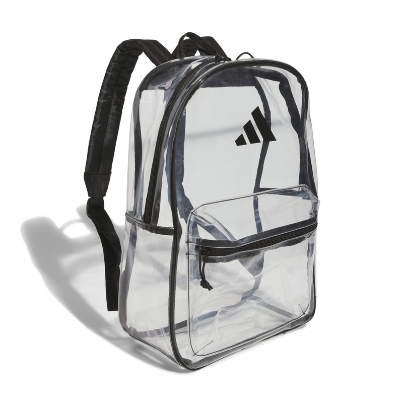 Transparent backpack with black straps, clear front and adidas logo