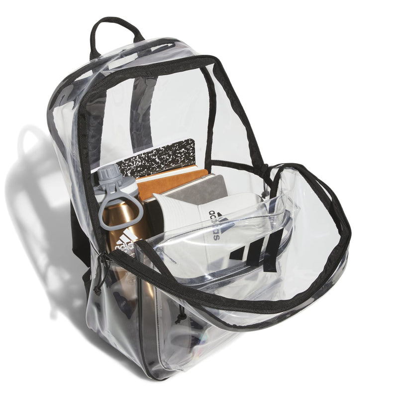Clear backpack with open top, black trim and multiple clear compartments