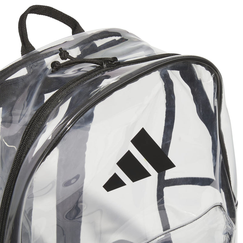 Clear backpack panel with adidas logo and black trim